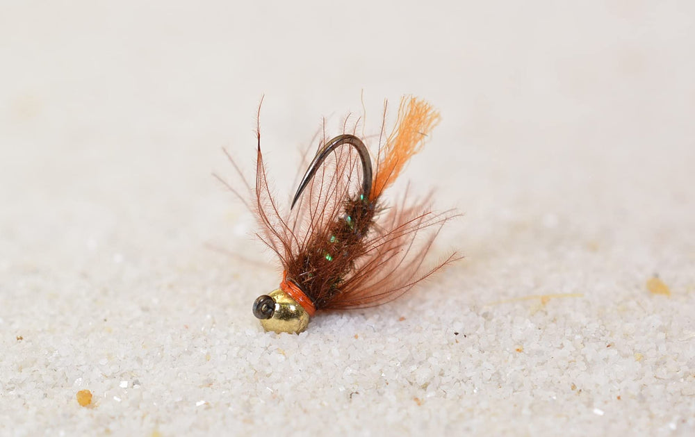Region Fishing Blow Torch Jig Fly with orange tail aids euro nymphing in murky water