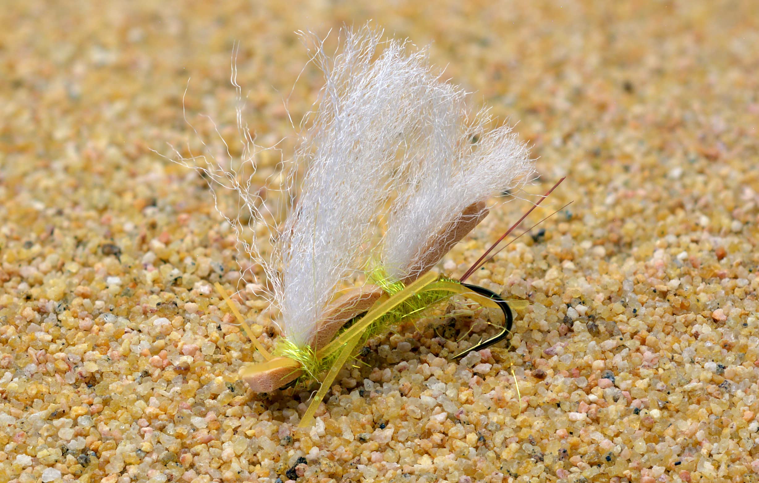 Region Fishing Chubby Chernobyl Hopper in yellow-green on water, highly visible dry fly for trout.