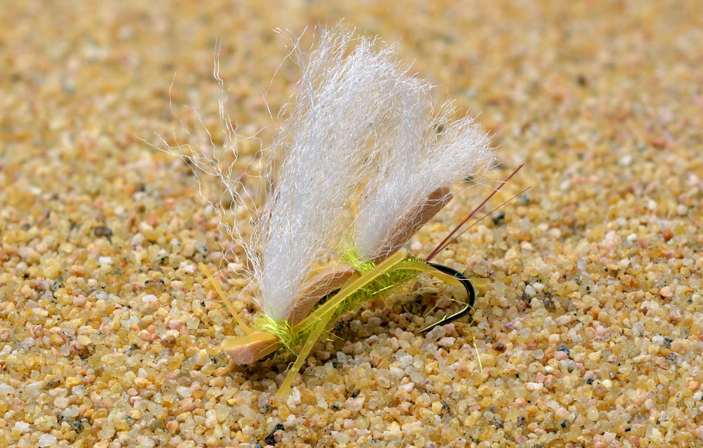 Region Fishing Chubby Chernobyl Hopper in yellow-green on water, highly visible dry fly for trout.
