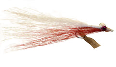 Region Fishing Clouser Minnow red and white fly closeup for bass and saltwater fishing