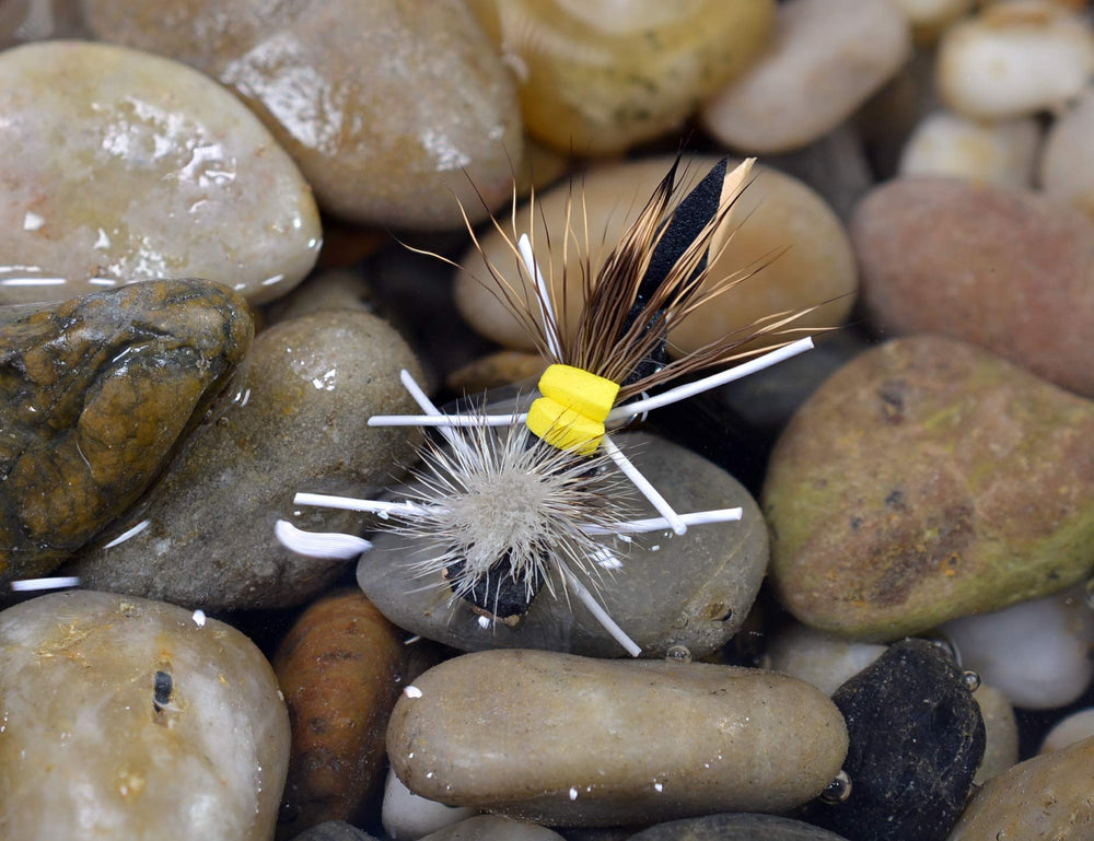 Region Fishing Foam Hopper Terrestrial Fly, yellow and tan, floats high for easy visibility.