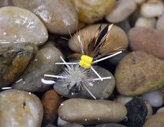 Region Fishing Foam Hopper Terrestrial Fly, yellow and tan, floats high for easy visibility.