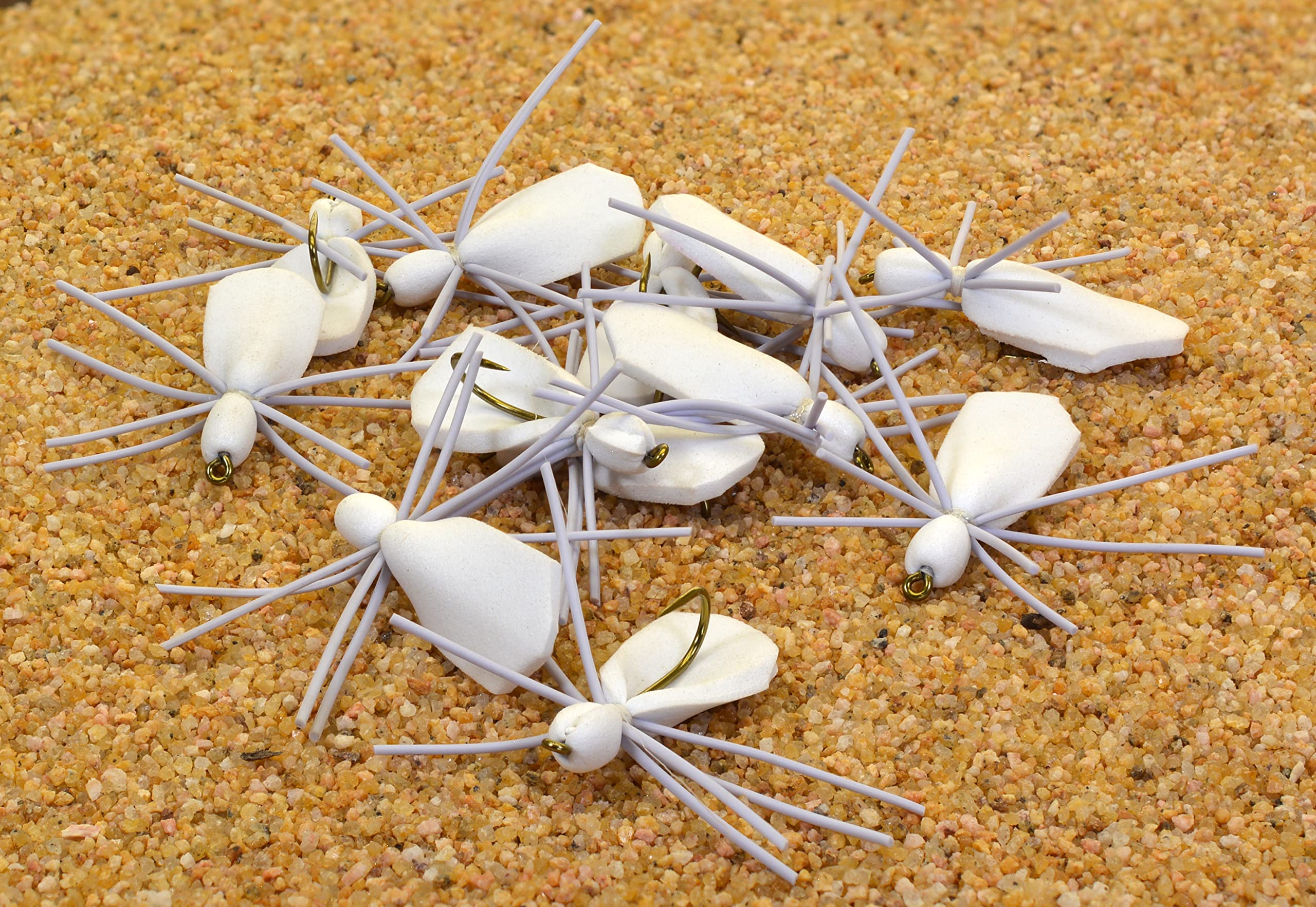 Region Fishing foam spider flies in white offer lifelike movement for bass, trout, and bluegill.