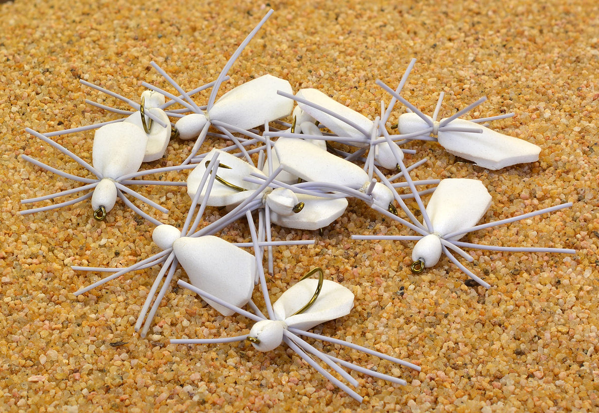 Region Fishing foam spider flies in white offer lifelike movement for bass, trout, and bluegill.