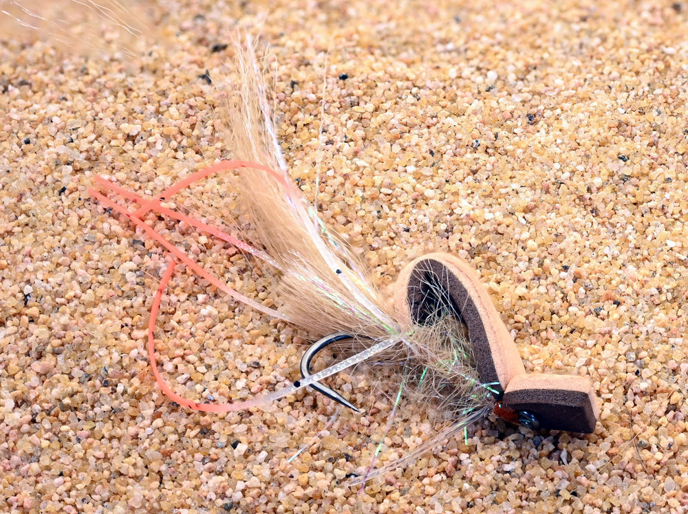 Region Fishing Gurgler Top Water Fly foam strip in tan and brown forms visible wake for aggressive saltwater targets