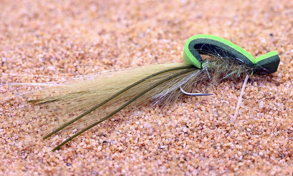 Region Fishing Gurgler olive closeup shows foam strip action for surface feeding