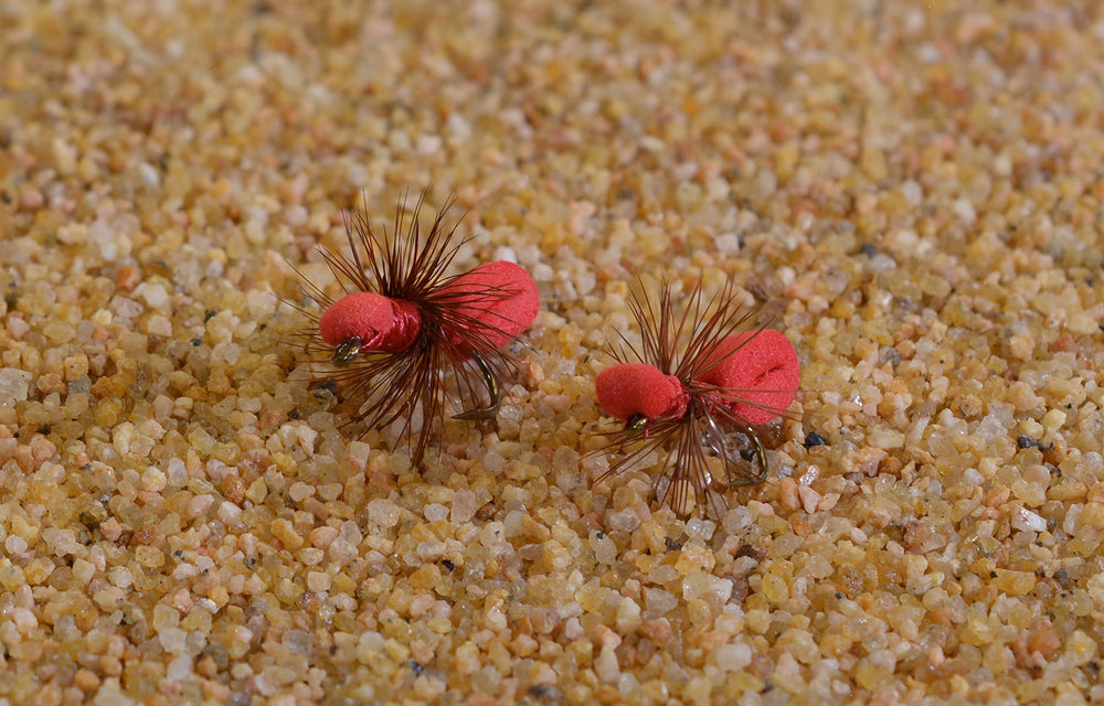 Region Fishing red foam ant dry fly on water demonstrates buoyant float and bank-side casting utility