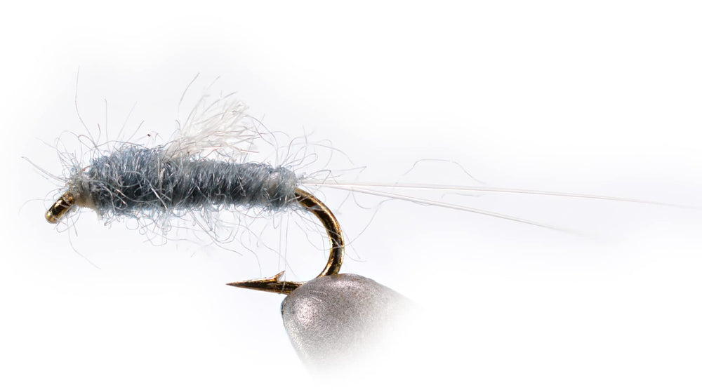 Region Fishing RS2 Gray Emerger Midge Nymph Fly closeup, crafted with premium materials for precise presentation
