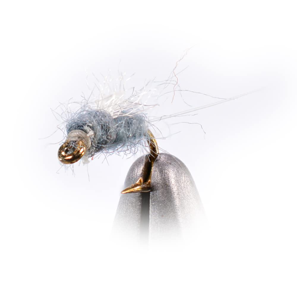 Region Fishing RS2 Gray Emerger Midge Nymph Fly in water, ideal for subtle nymphing in calm pools