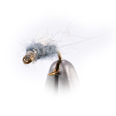 Region Fishing RS2 Gray Emerger Midge Nymph Fly in water, ideal for subtle nymphing in calm pools