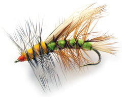 Region Fishing Stimulator dry fly in a green-yellow-terrestrial pattern for trout in fast water.