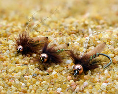 Region Fishing Tan Fox Poopah Nymph side view on Mustad hook for versatile river setups