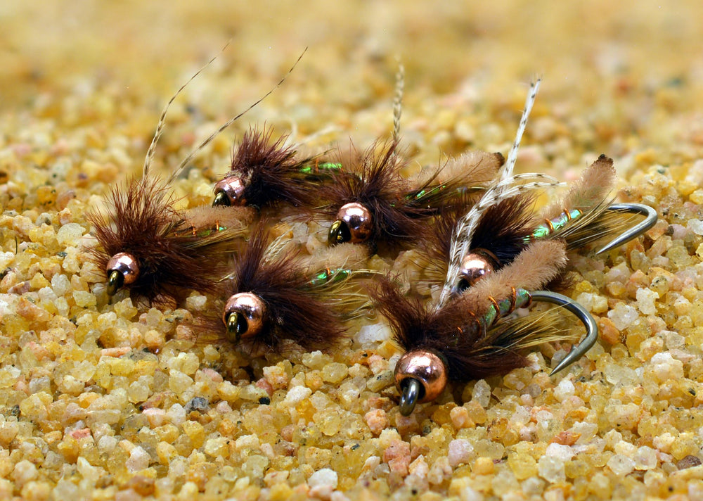 Region Fishing Tan Fox Poopah Nymph detail with green flash and copper bead attractor