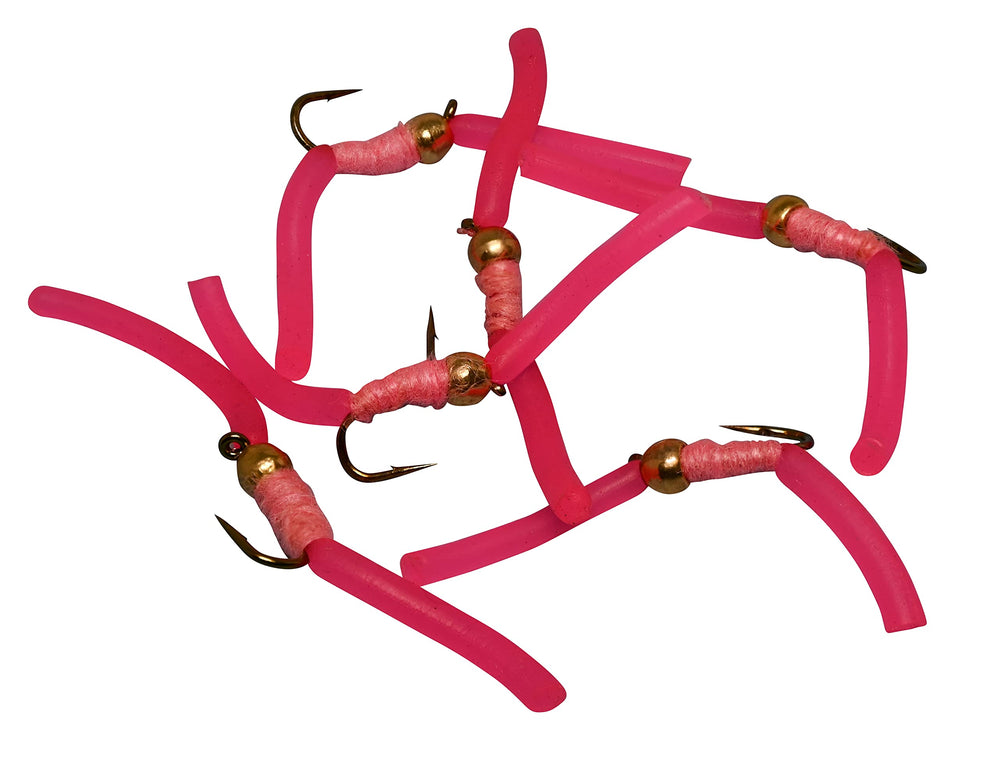 Region Fishing tungsten bead Squirmy Worm pink fly showcases lifelike movement for trout fishing.