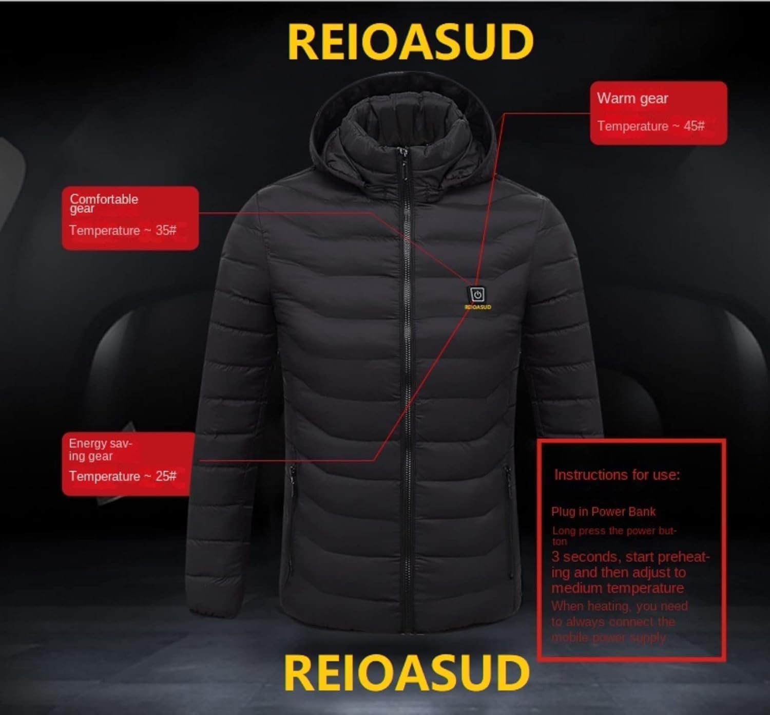 REIOASUD heated hoodie back view showing full-coverage warmth.