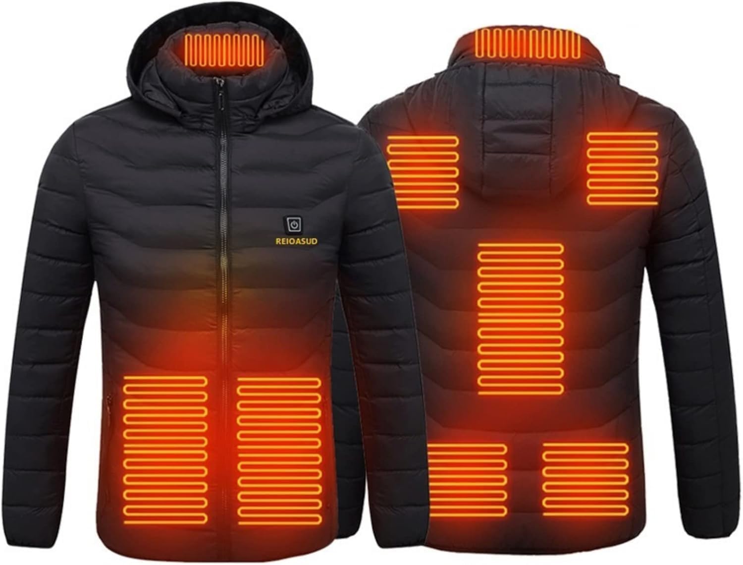 REIOASUD heated hoodie front view with 8-zone warming for targeted comfort.