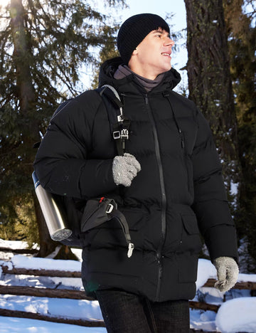 Rejork men's long winter coat hooded side view shows extended coverage for cold commutes.