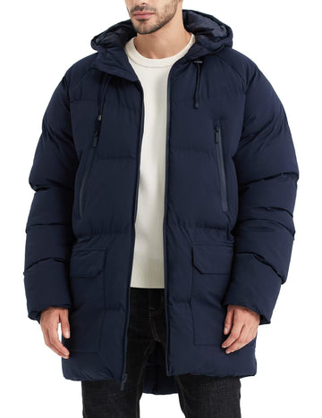 Rejork men's long winter coat hooded front view highlights full coverage and warmth.
