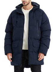 Rejork men's long winter coat hooded front view highlights full coverage and warmth.