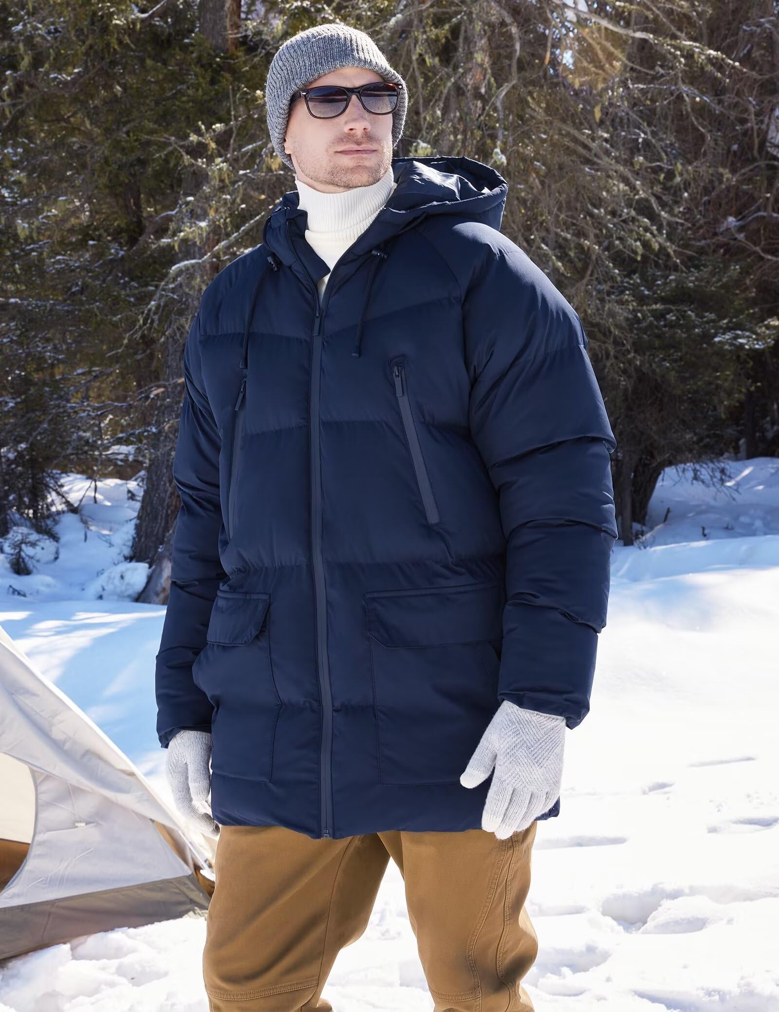 Rejork men's long winter coat hooded sleeve detail emphasizes snug fit and wind protection.