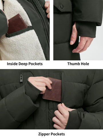 Rejork men's extra long fleece puffer jacket back view emphasizes full-coverage warmth.