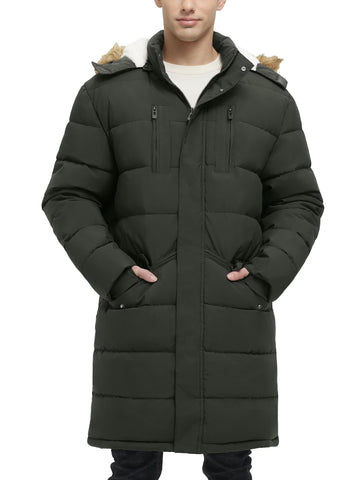 Rejork men's extra long fleece puffer jacket front view shows warm, windproof protection.