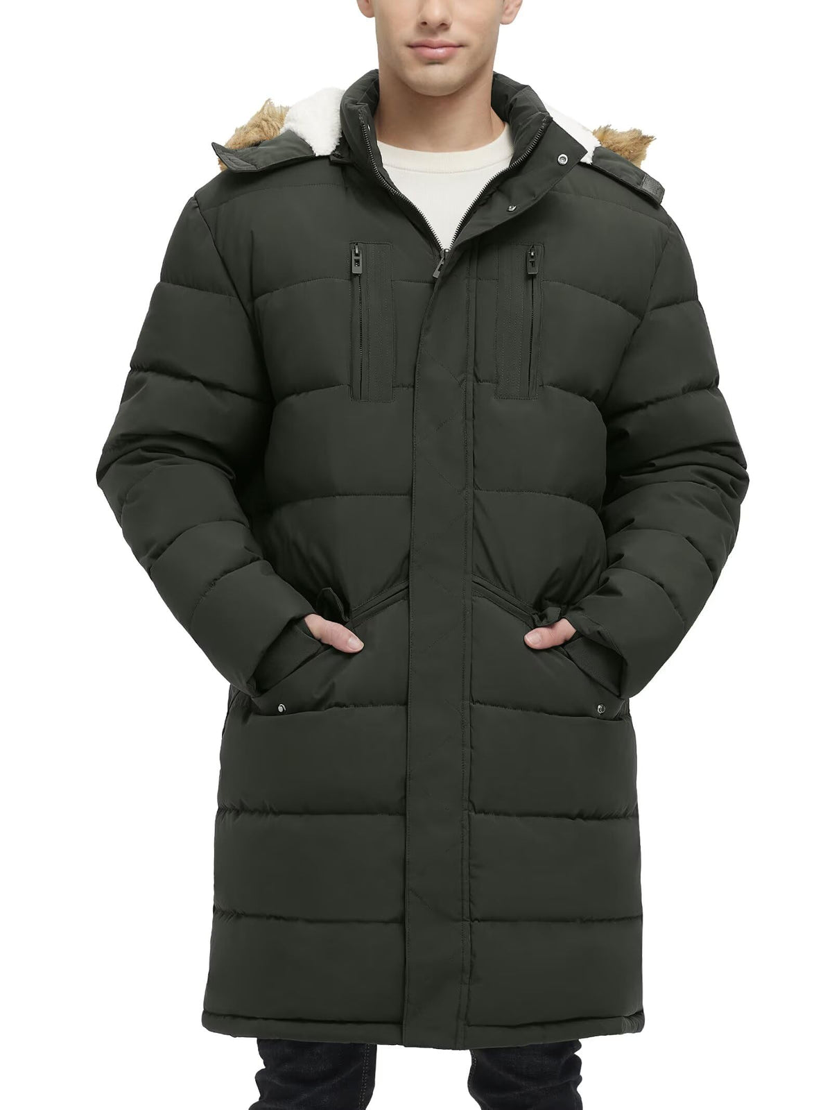 Rejork men's extra long fleece puffer jacket front view shows warm, windproof protection.