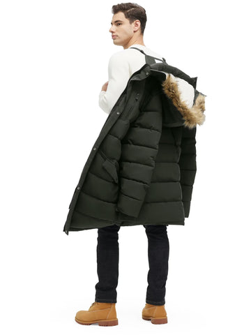 Rejork men's extra long fleece puffer jacket hem detail shows length for extra protection.