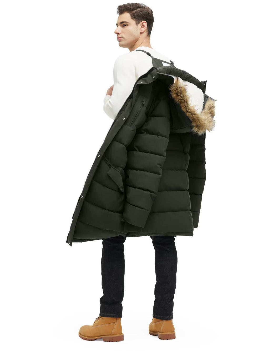 Rejork men's extra long fleece puffer jacket hem detail shows length for extra protection.