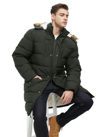 Rejork men's extra long fleece puffer jacket hood detail highlights warm hooded coverage.