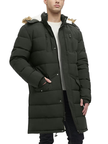 Rejork men's extra long fleece puffer jacket model wearing showcases versatile winter style.