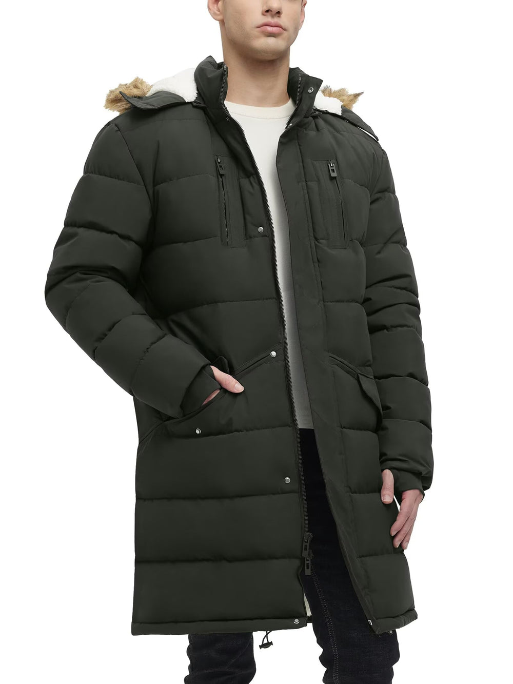 Rejork men's extra long fleece puffer jacket model wearing showcases versatile winter style.
