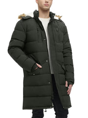 Rejork men's extra long fleece puffer jacket model wearing showcases versatile winter style.