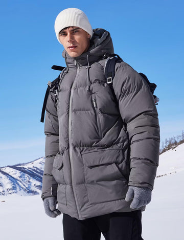 Rejork men's long winter coat hooded back view highlights extended coverage