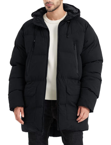 Rejork men's long winter coat hooded front view on model showing warmth and casual style