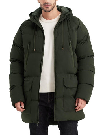 Rejork men's long winter coat hooded front view for cold-weather warmth and style.