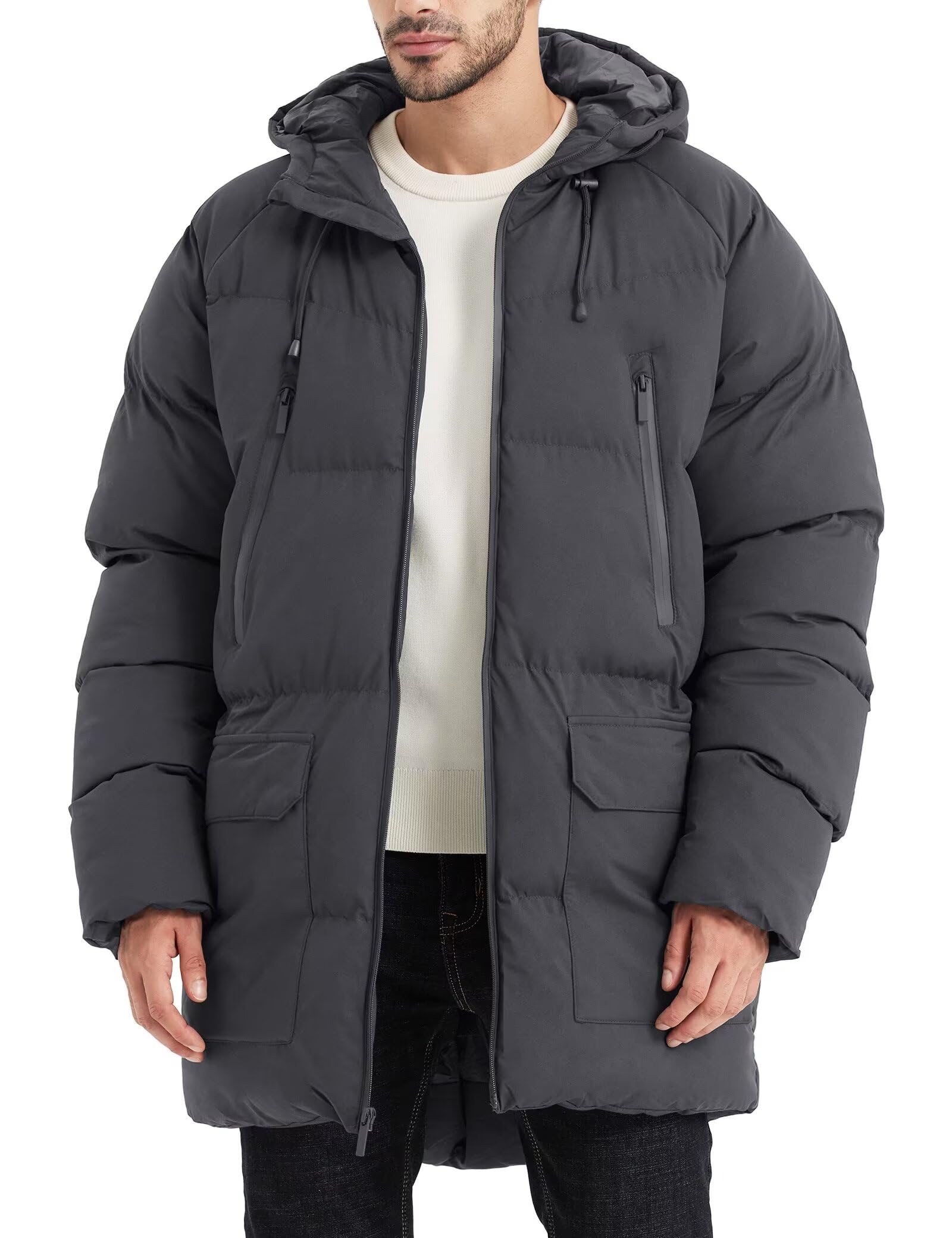 Rejork men's long winter coat hooded front view shows warm quilted jacket for cold commutes