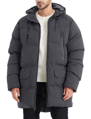 Rejork men's long winter coat hooded front view shows warm quilted jacket for cold commutes