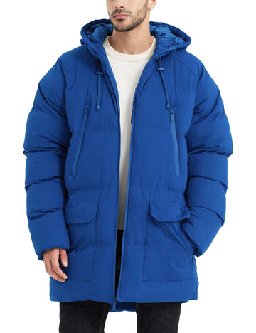 Rejork men's long winter coat front view in royal blue showing warm, wind-shielding design.