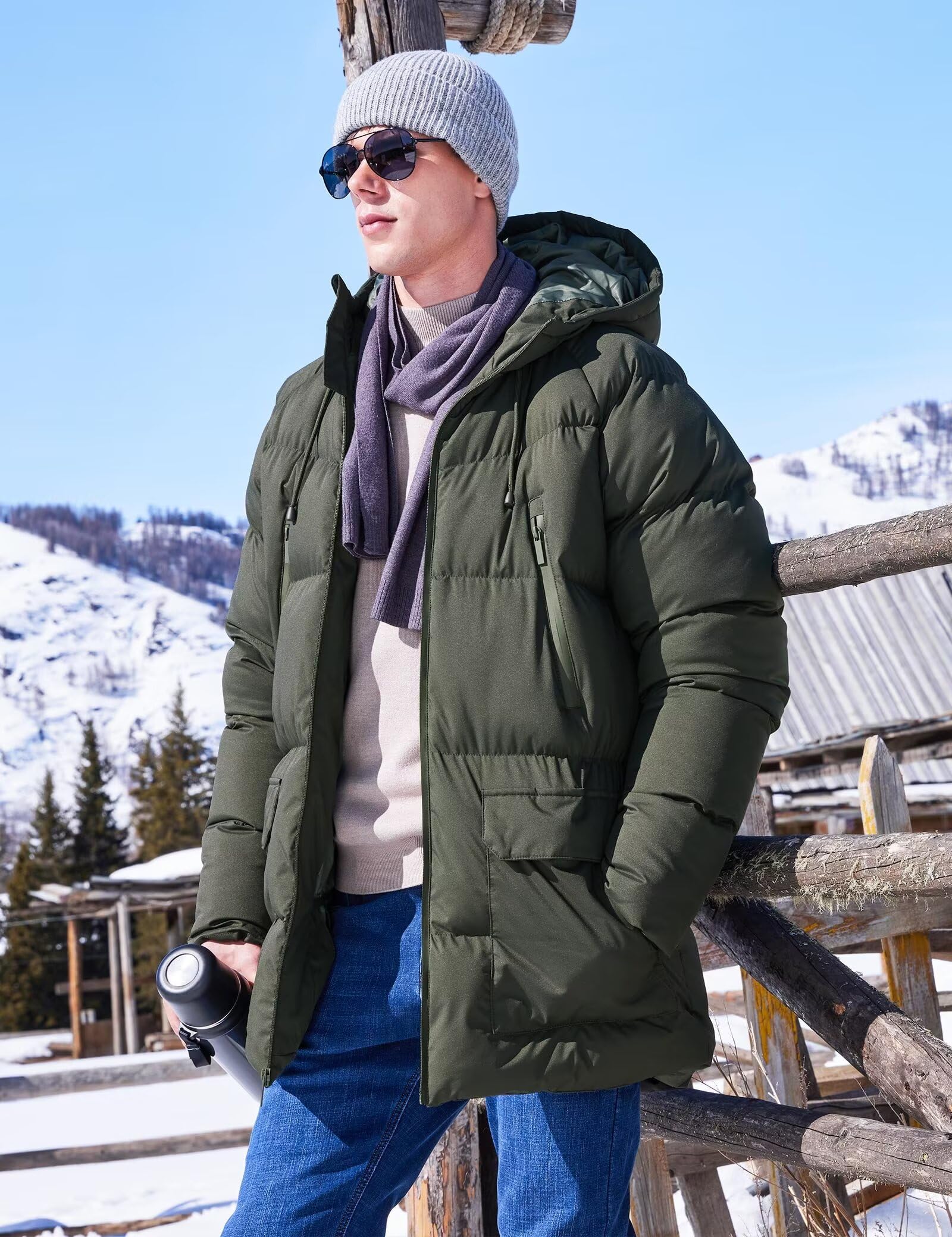 Rejork men's long winter coat hooded side profile showcases wind protection fit.