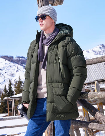 Rejork men's long winter coat hooded side profile showcases wind protection fit.