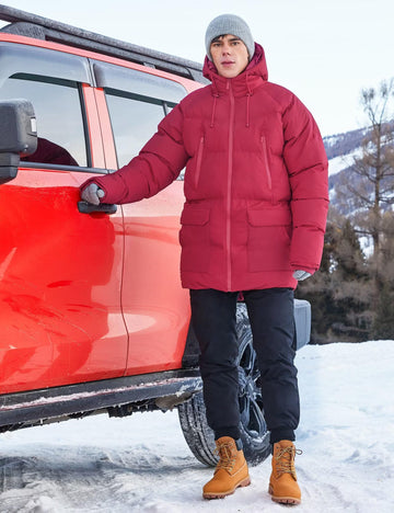 Rejork winter coat water-resistant fabric image showcases dry, comfortable wear in wet urban weather.