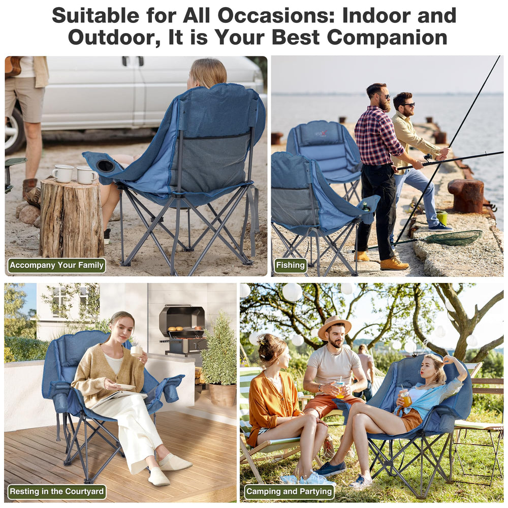 RELAX FIELD portable folding chair folds compactly for travel.