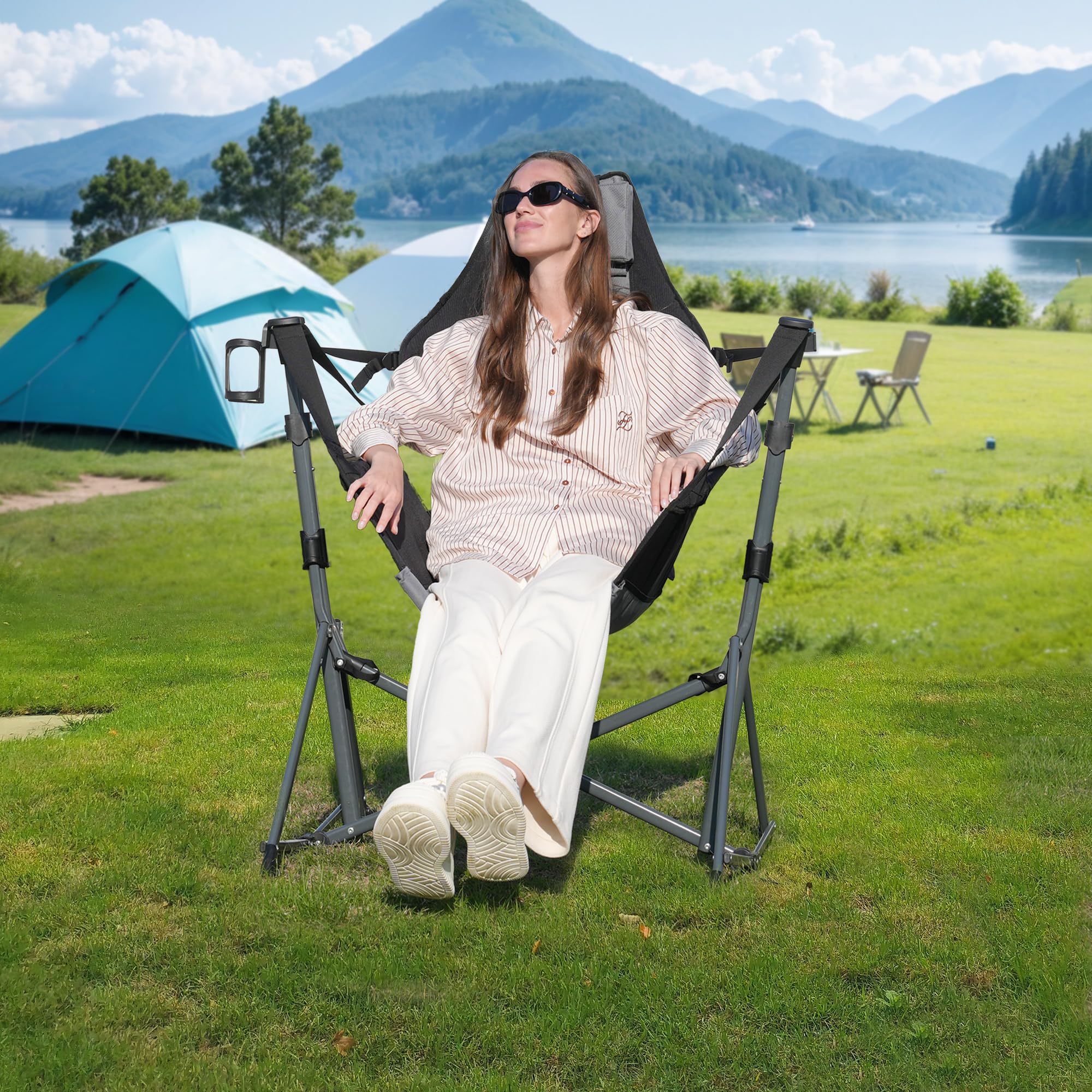 RELAX FIELD Hammock Camping Chair deployed swinging position for outdoor lounging.