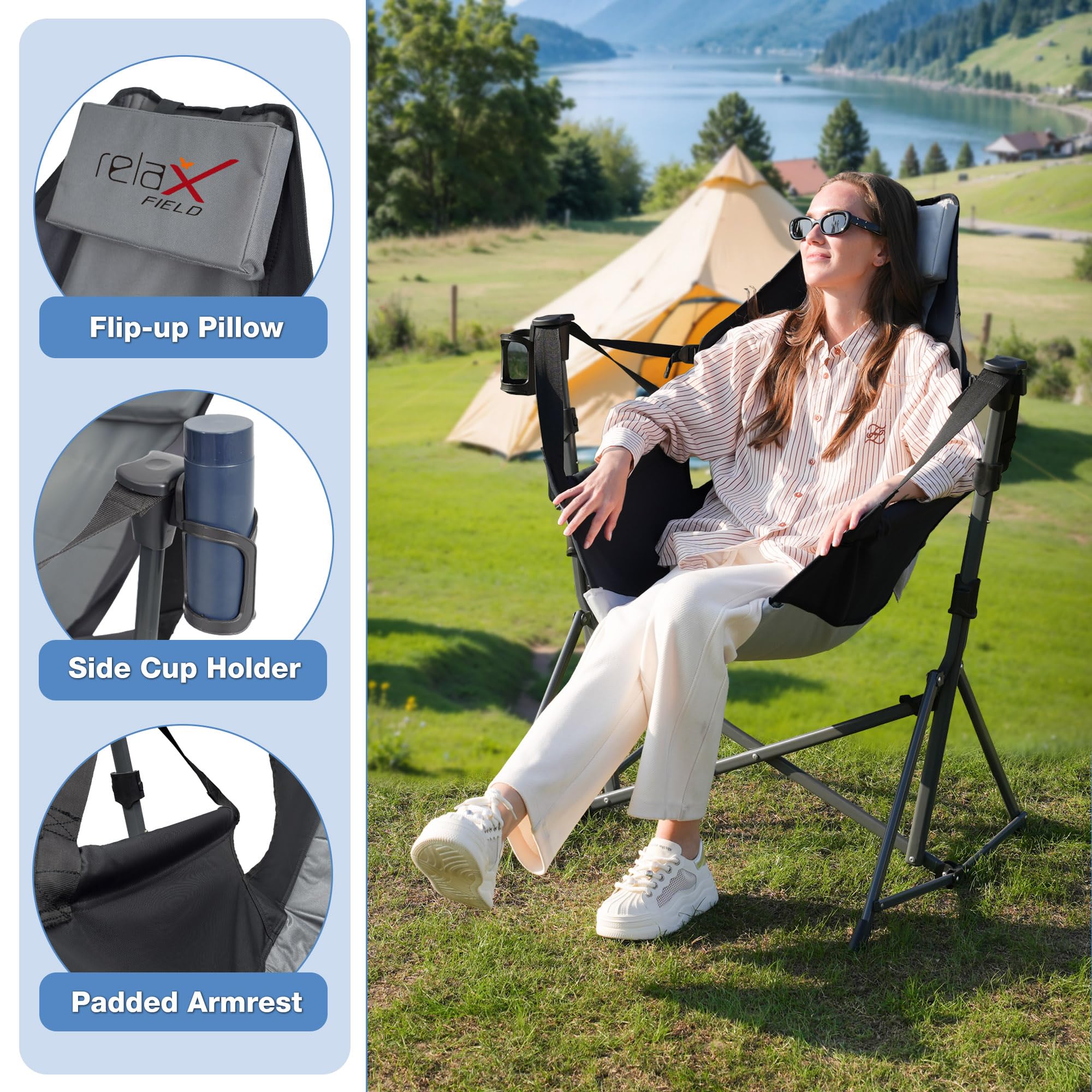 RELAX FIELD Hammock Camping Chair head pillow provides neck support during rests.