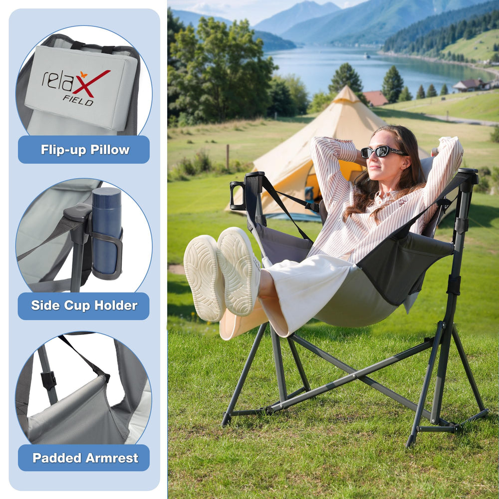 RELAX FIELD Hammock Chair folds quickly for easy setup at beaches, parks, or campsites.