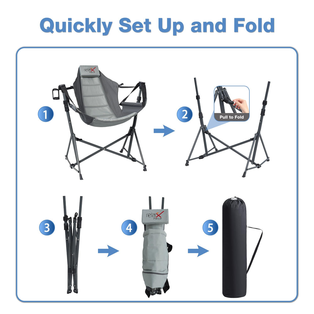 RELAX FIELD Hammock Chair supports up to 350 lbs for sturdy outdoor lounging.