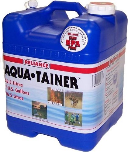 Reliance Aqua-Tainer 7-gallon vent and spigot illustrate on-demand dispensing for outdoors and emergencies.