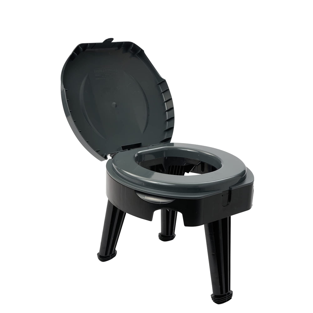 Reliance FOLD-to-GO toilet setup demonstrates sturdy three-leg design for uneven ground.