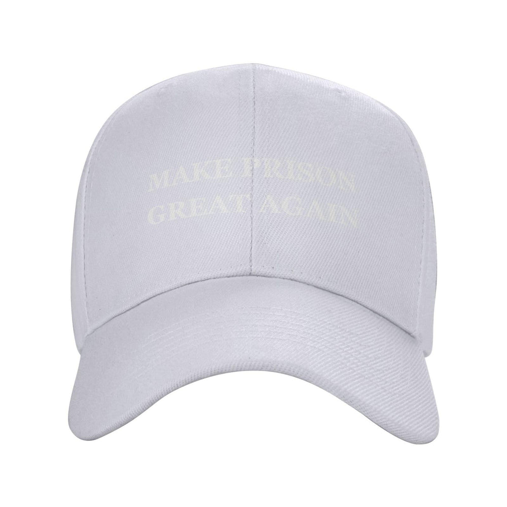 Renzund Make Prison Great Again hat front view showing the white, sun-shielding brim.